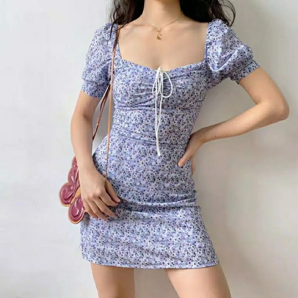 Women Floral Lace-Up Puff Sleeves Dress - Image 3