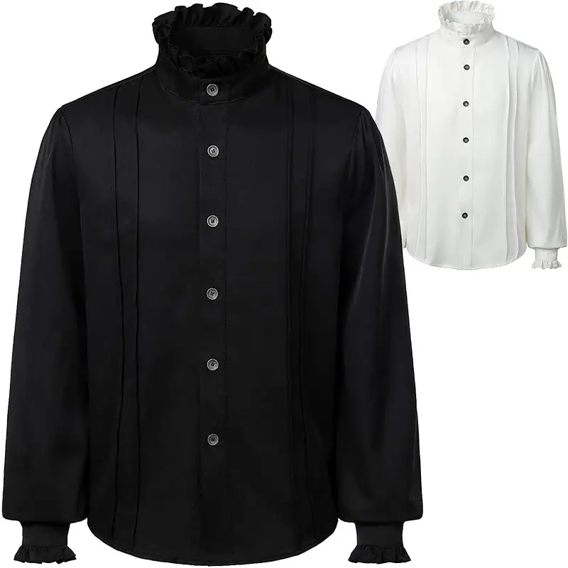 Men's White Pleated Pirate Shirt Medieval Renaissance Steampunk Top - Image 3