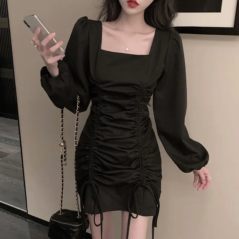 Black Long Sleeve Waist Slimming Dress for Women - Image 4