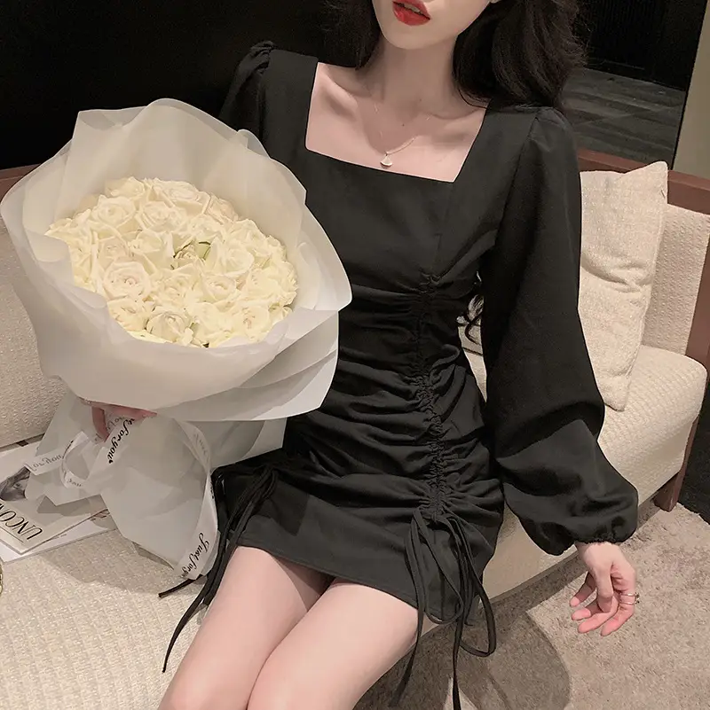 Black Long Sleeve Waist Slimming Dress for Women - Image 5