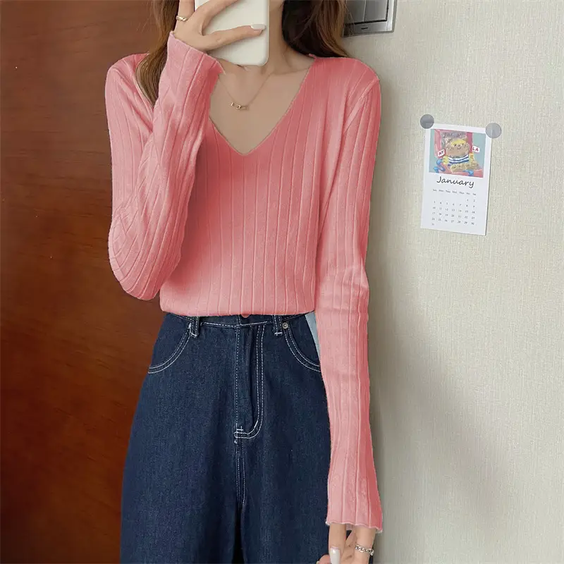 2024 V Neck Long Sleeve Knit Pullover Women - Image 11