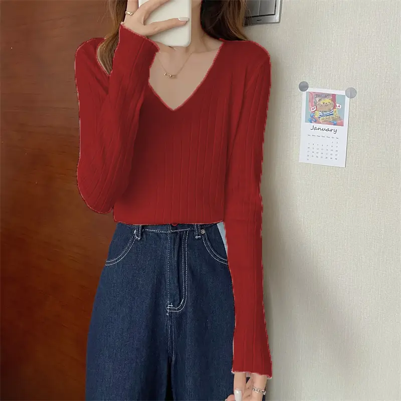 2024 V Neck Long Sleeve Knit Pullover Women - Image 12