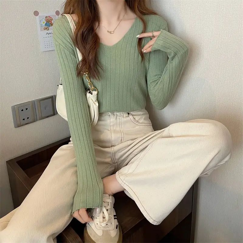 2024 V Neck Long Sleeve Knit Pullover Women - Image 13