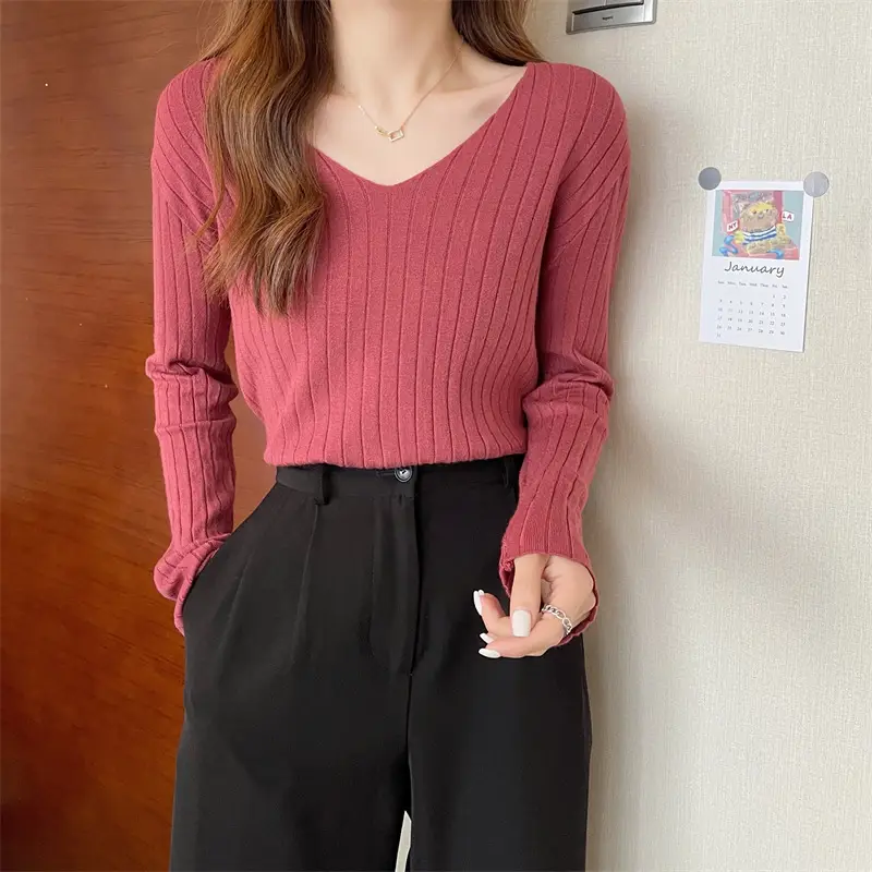 2024 V Neck Long Sleeve Knit Pullover Women - Image 15