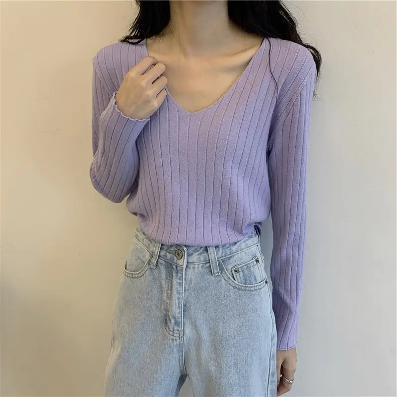 2024 V Neck Long Sleeve Knit Pullover Women - Image 2