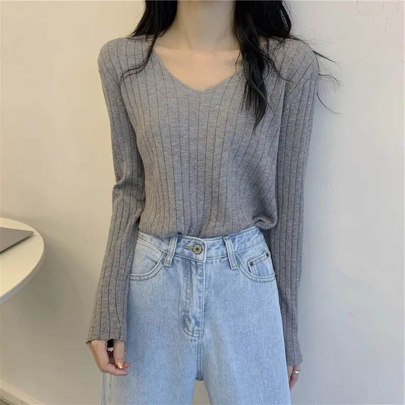 2024 V Neck Long Sleeve Knit Pullover Women - Image 3