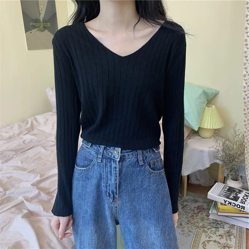 2024 V Neck Long Sleeve Knit Pullover Women - Image 4