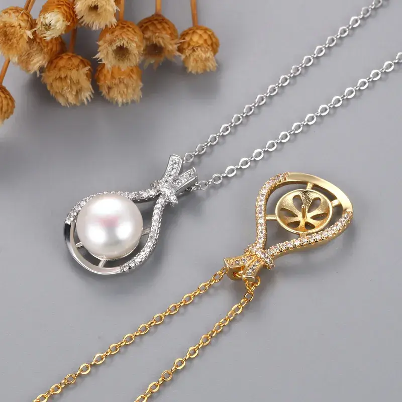 Korean Pearl Zircon Pendant Necklace White Silver - Image 7