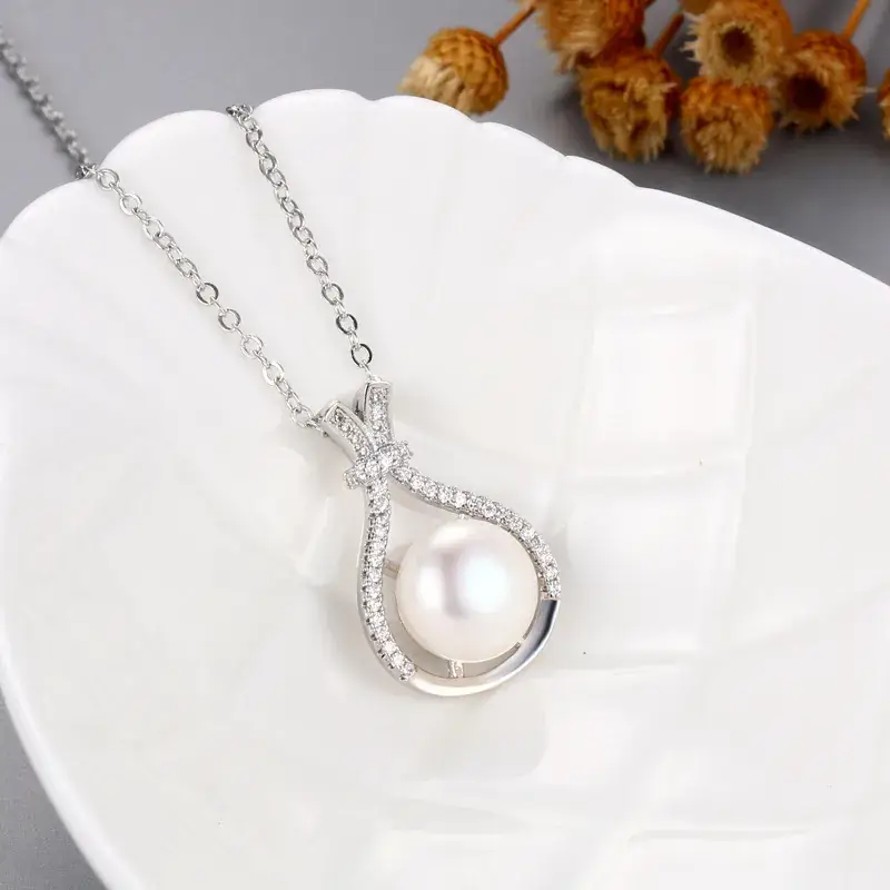 Korean Pearl Zircon Pendant Necklace White Silver - Image 8