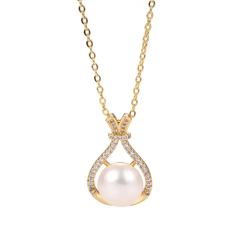 Korean Pearl Zircon Pendant Necklace White Silver - Image 9