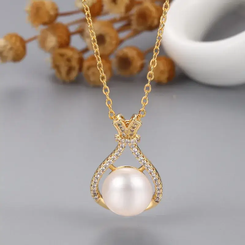 Korean Pearl Zircon Pendant Necklace White Silver - Image 4