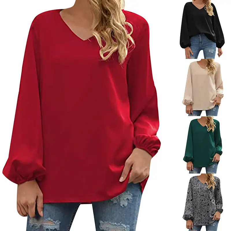 Women's Black V-Neck Long Sleeve Pullover Top - Image 5