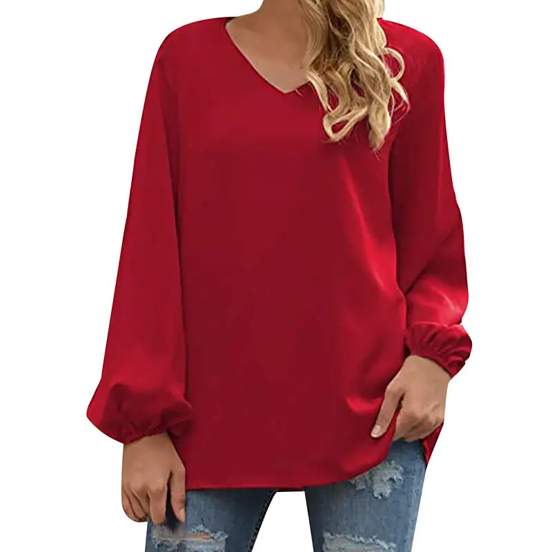 Women's Black V-Neck Long Sleeve Pullover Top - Image 2