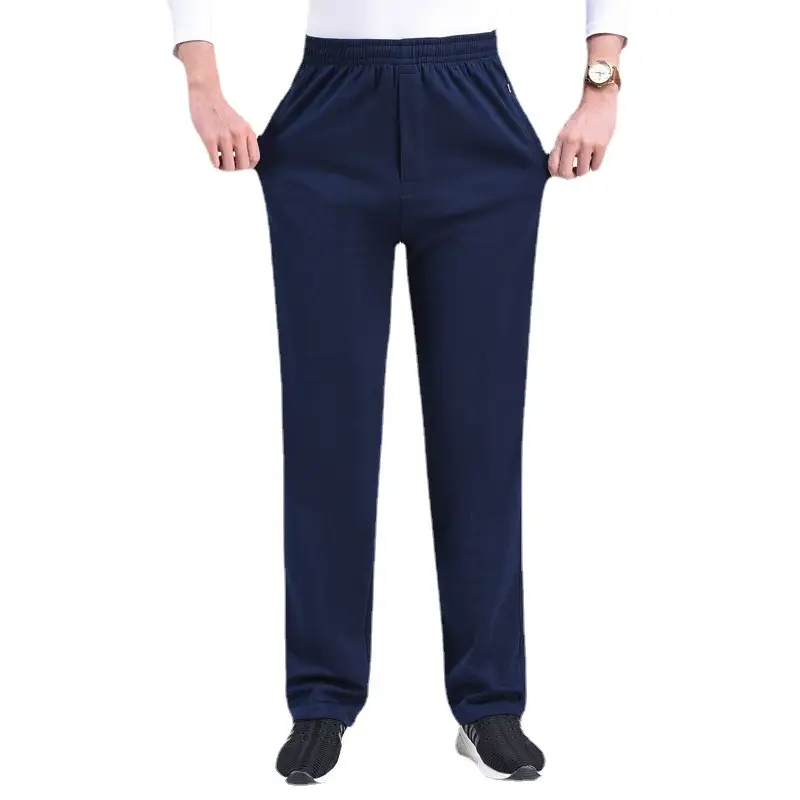 Men's Navy Blue Cotton Trousers Elastic Waist Loose Fit - Image 10