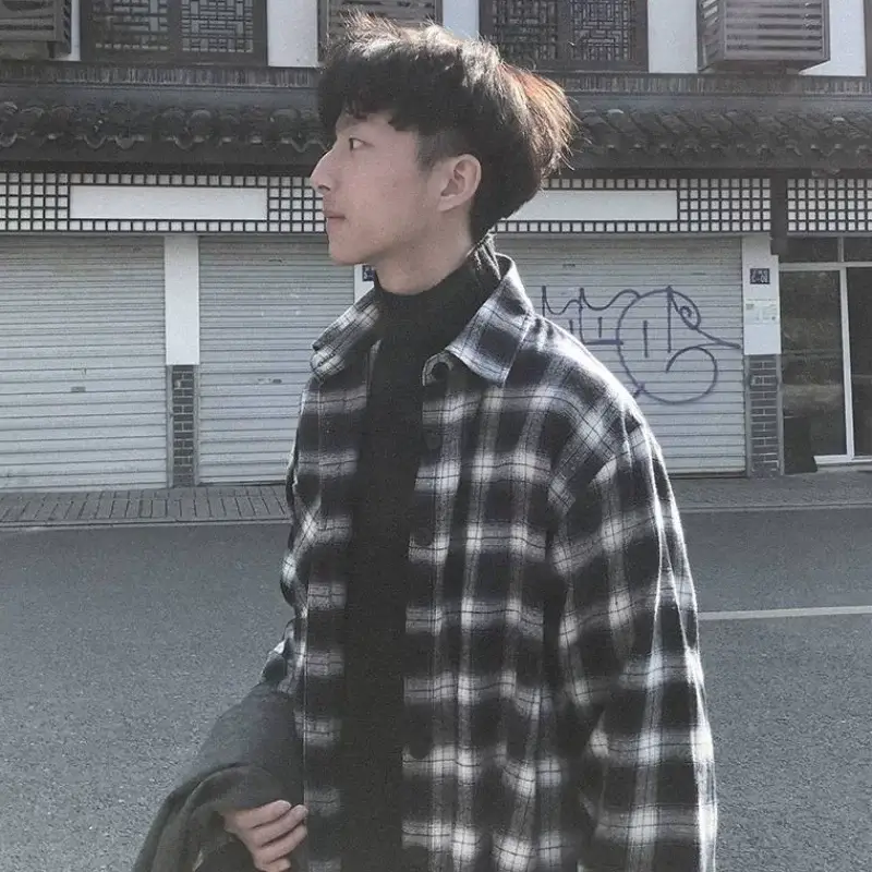 Men's 2020 Plaid Long Sleeve Shirt Blue Korean Fashion — feature 1