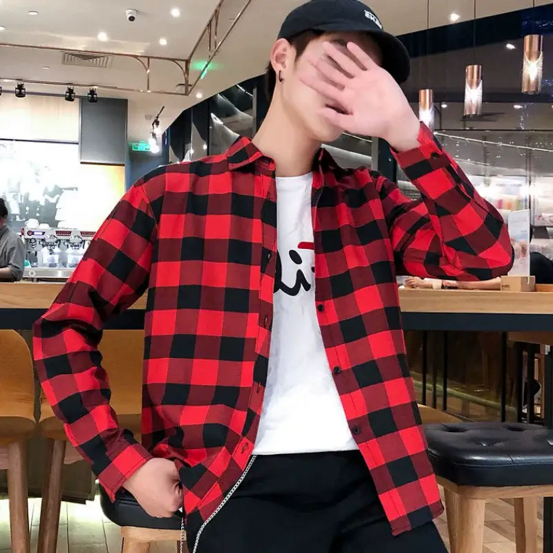 Men's 2020 Plaid Long Sleeve Shirt Blue Korean Fashion — feature 5