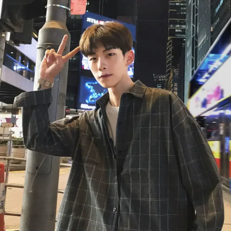 Men's 2020 Plaid Long Sleeve Shirt Blue Korean Fashion — feature 8