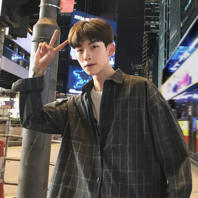 Men's 2020 Plaid Long Sleeve Shirt Blue Korean Fashion - Image 2