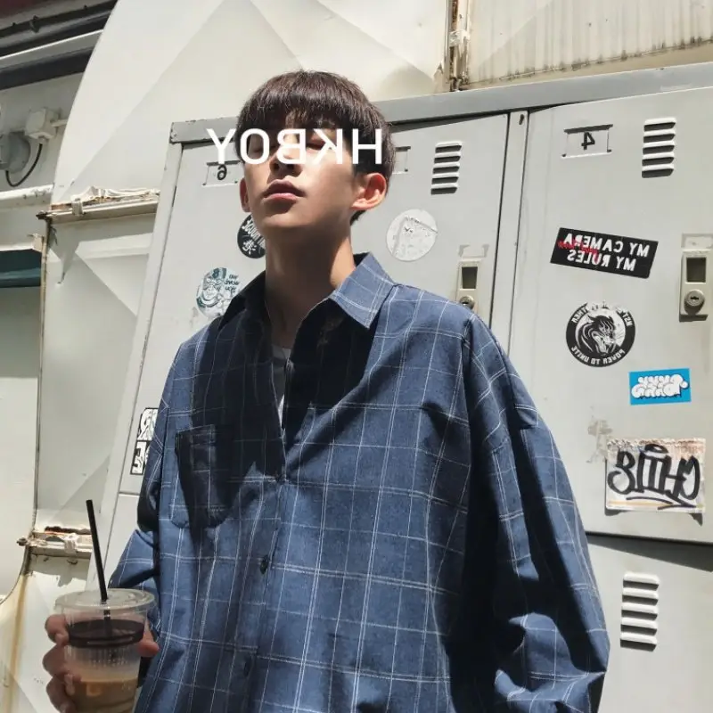 Men's 2020 Plaid Long Sleeve Shirt Blue Korean Fashion - Image 3