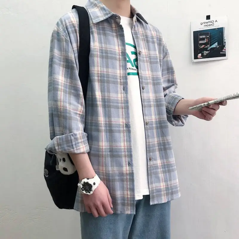 Men's 2020 Plaid Long Sleeve Shirt Blue Korean Fashion - Image 8