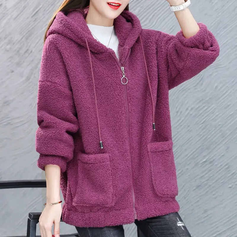 Women Fleece Hoodie Purple Thickened Winter Coat