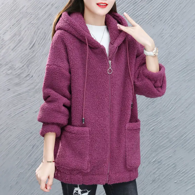 Women Fleece Hoodie Purple Thickened Winter Coat