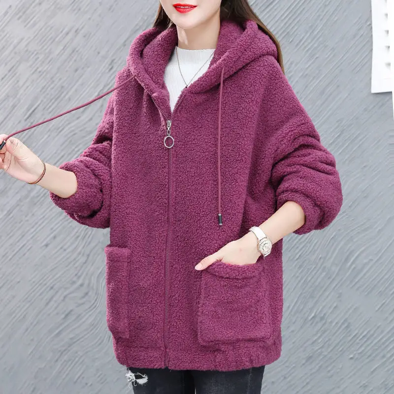 Women Fleece Hoodie Purple Thickened Winter Coat