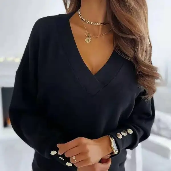 Blue Knitted V-Neck Cuff Button Sweater