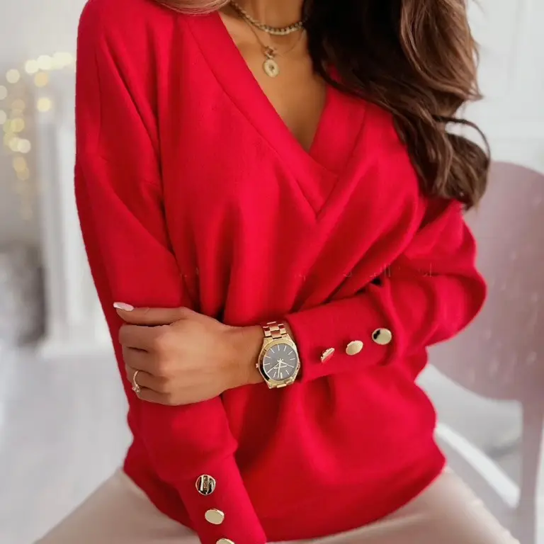 Blue Knitted V-Neck Cuff Button Sweater