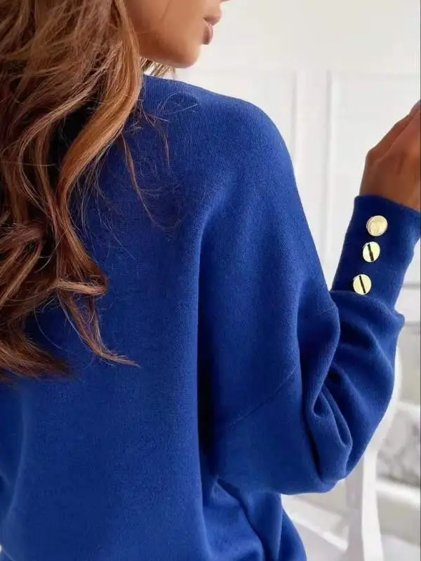 Blue Knitted V-Neck Cuff Button Sweater — feature 2