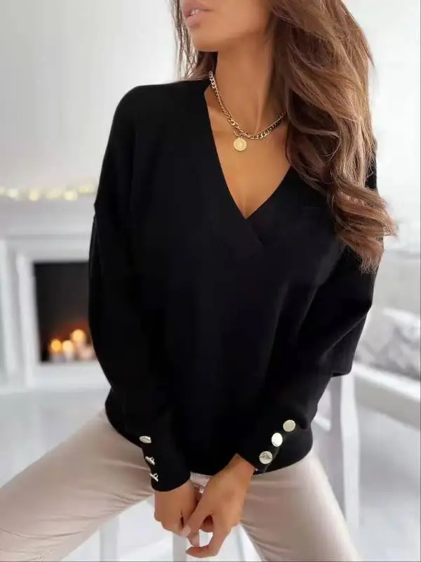Blue Knitted V-Neck Cuff Button Sweater — feature 6