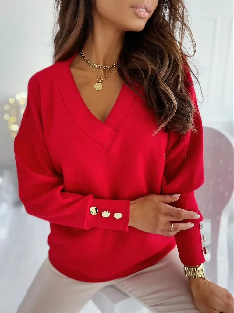 Blue Knitted V-Neck Cuff Button Sweater — feature 8