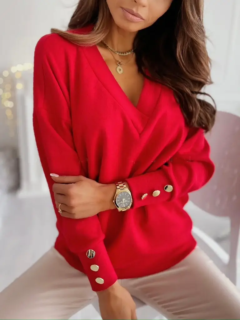 Blue Knitted V-Neck Cuff Button Sweater
