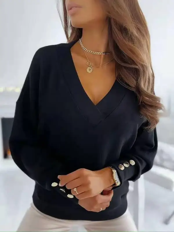 Blue Knitted V-Neck Cuff Button Sweater