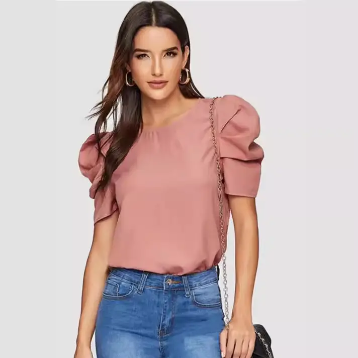 Red Puff Sleeve Women's Top with Chain Strap