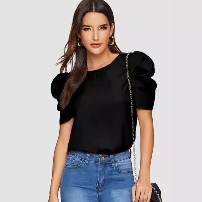 Red Puff Sleeve Women's Top with Chain Strap