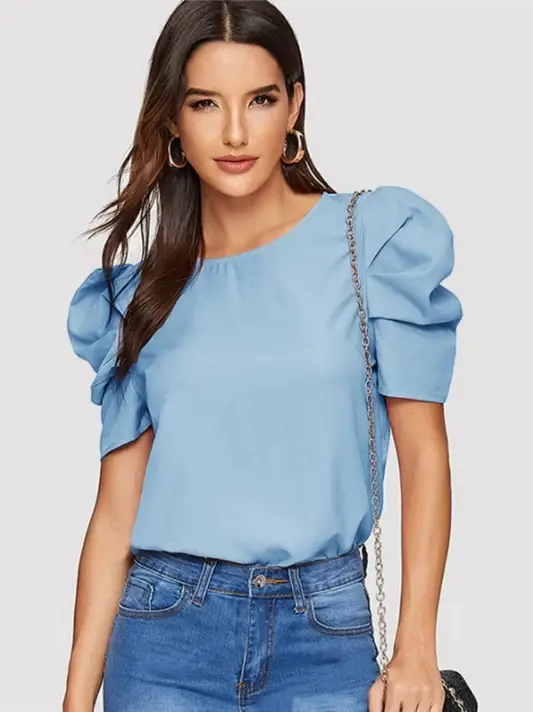 Red Puff Sleeve Women's Top with Chain Strap