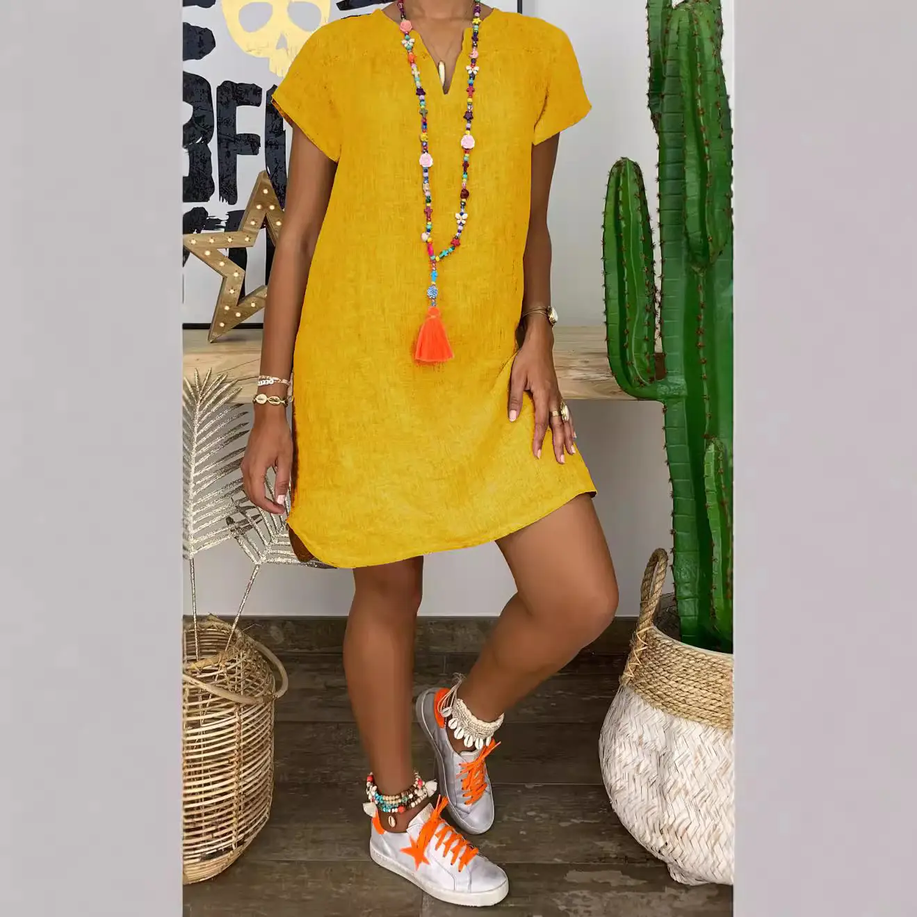 Women Summer Loose Cotton Linen V Neck Dress Light Blue - Image 8