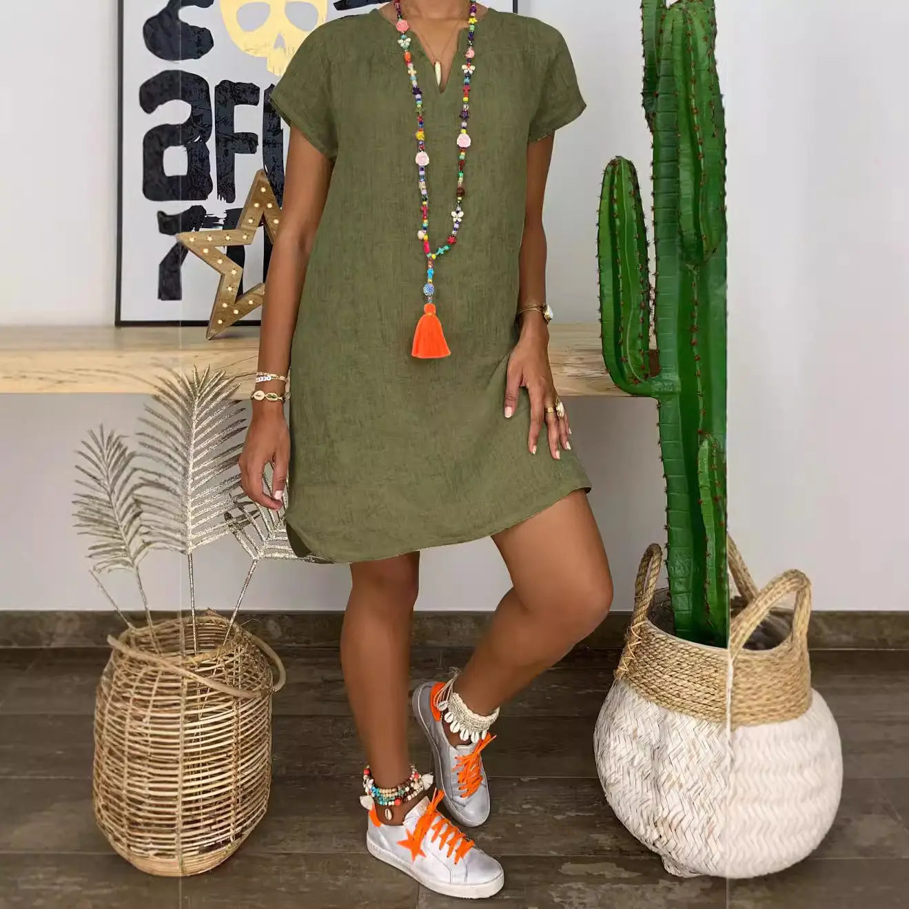 Women Summer Loose Cotton Linen V Neck Dress Light Blue - Image 9