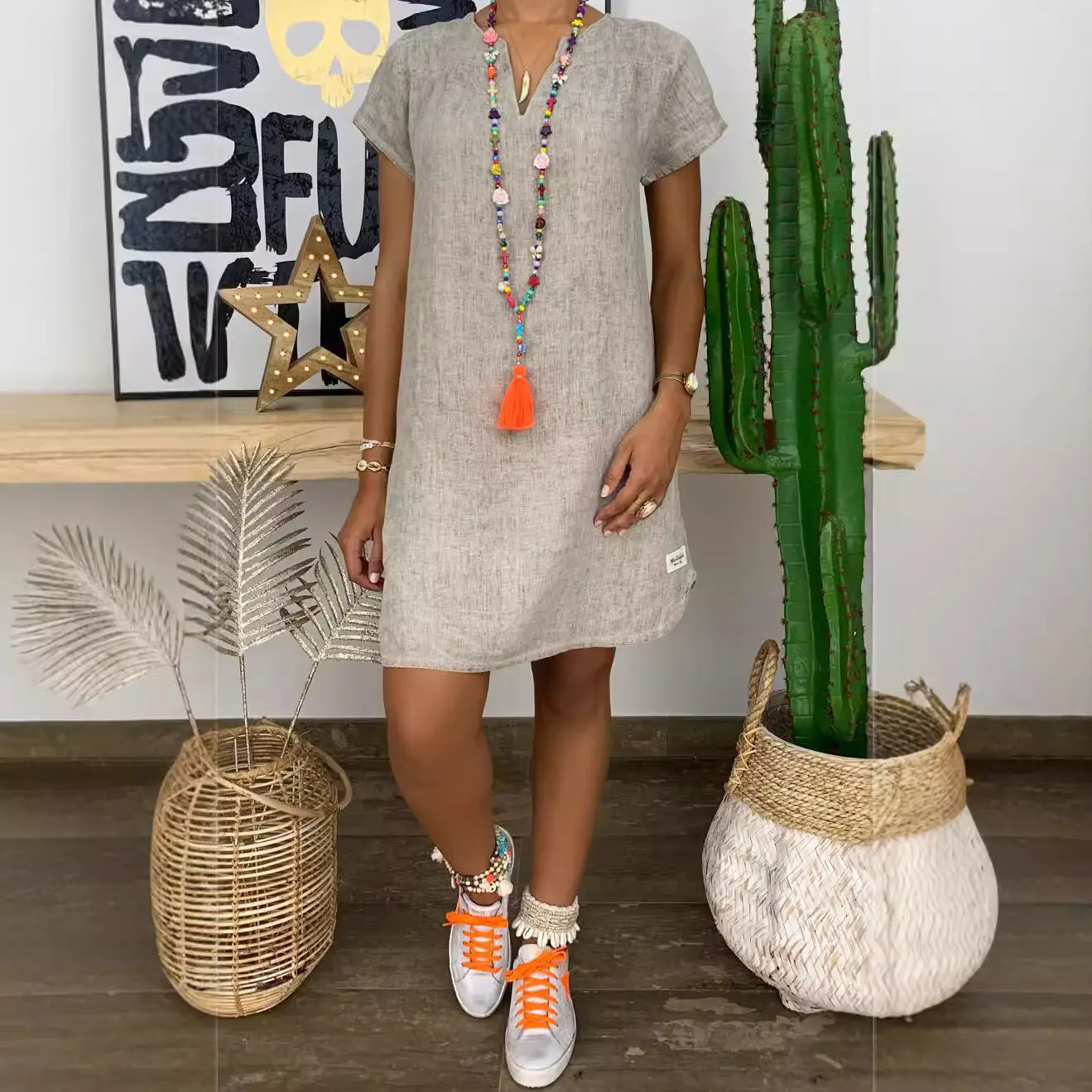 Women Summer Loose Cotton Linen V Neck Dress Light Blue - Image 10