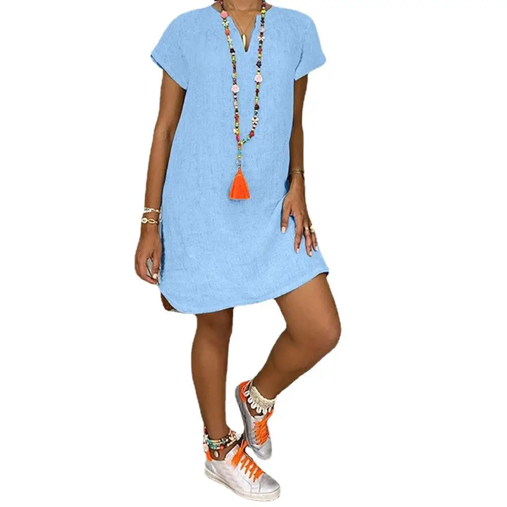 Women Summer Loose Cotton Linen V Neck Dress Light Blue - Image 11