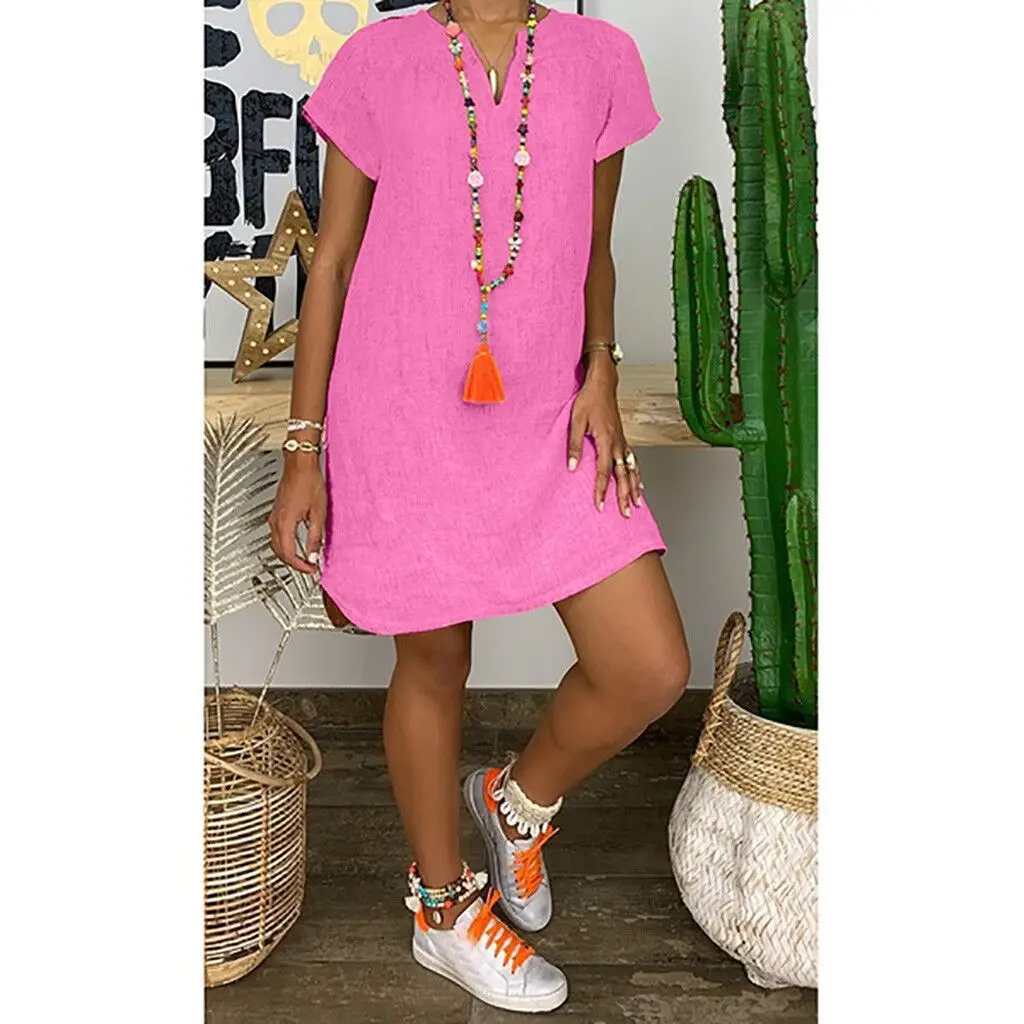 Women Summer Loose Cotton Linen V Neck Dress Light Blue - Image 2