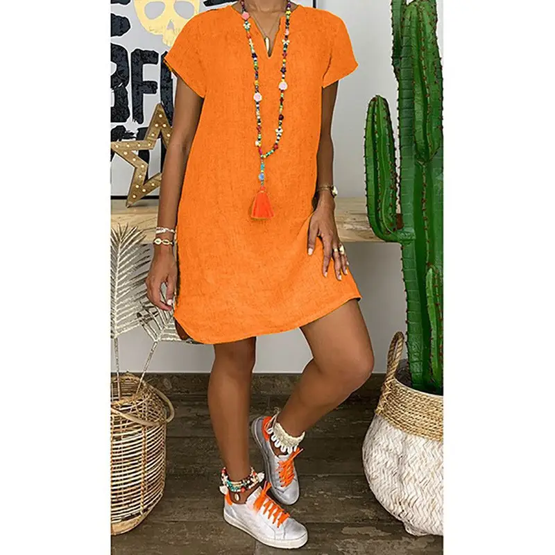 Women Summer Loose Cotton Linen V Neck Dress Light Blue - Image 4