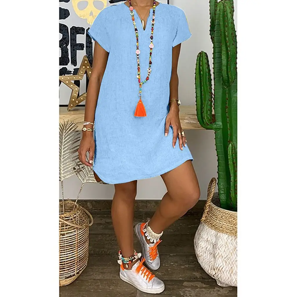 Women Summer Loose Cotton Linen V Neck Dress Light Blue - Image 5