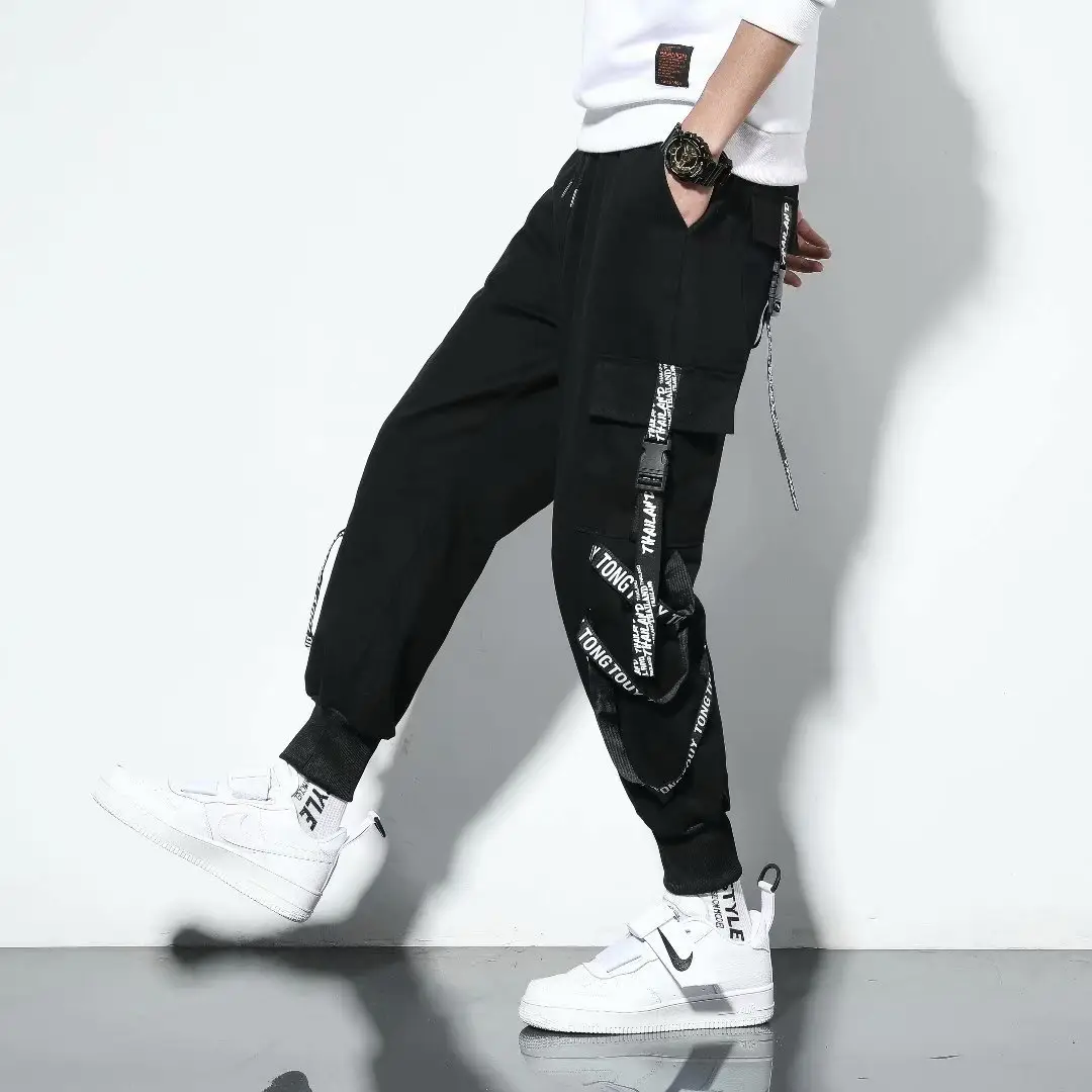 Men Black Cargo Pants with Embroidered Design - Image 2