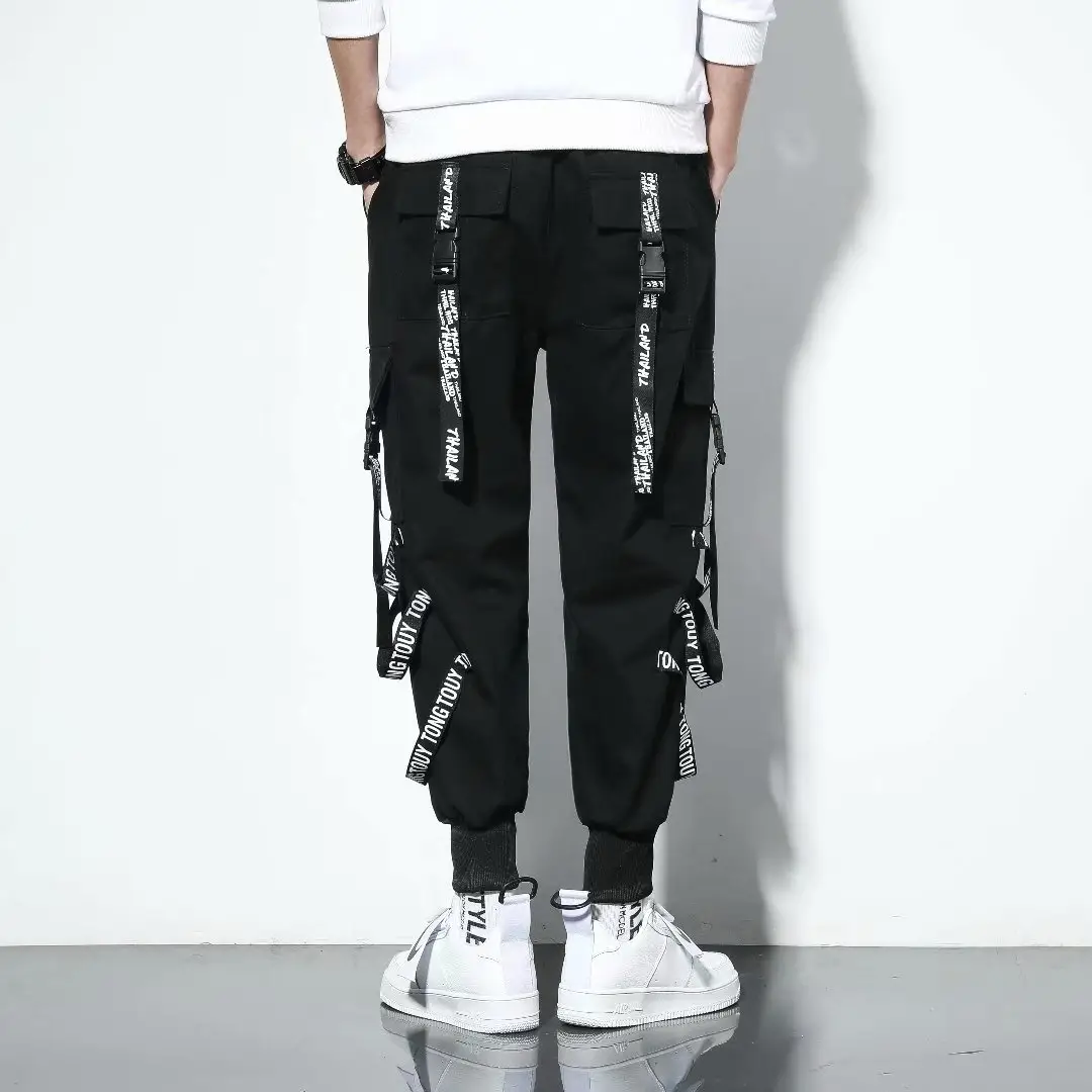 Men Black Cargo Pants with Embroidered Design - Image 3