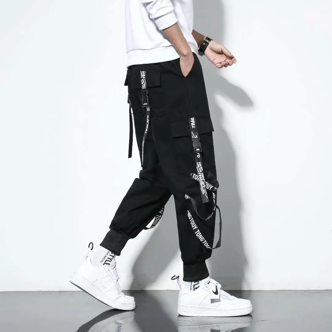 Men Black Cargo Pants with Embroidered Design - Image 4