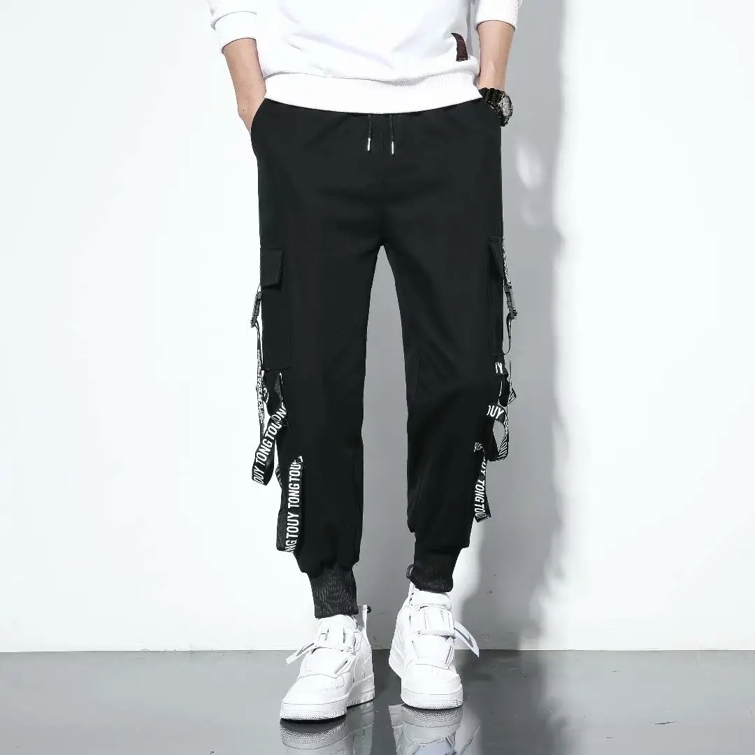 Men Black Cargo Pants with Embroidered Design - Image 5