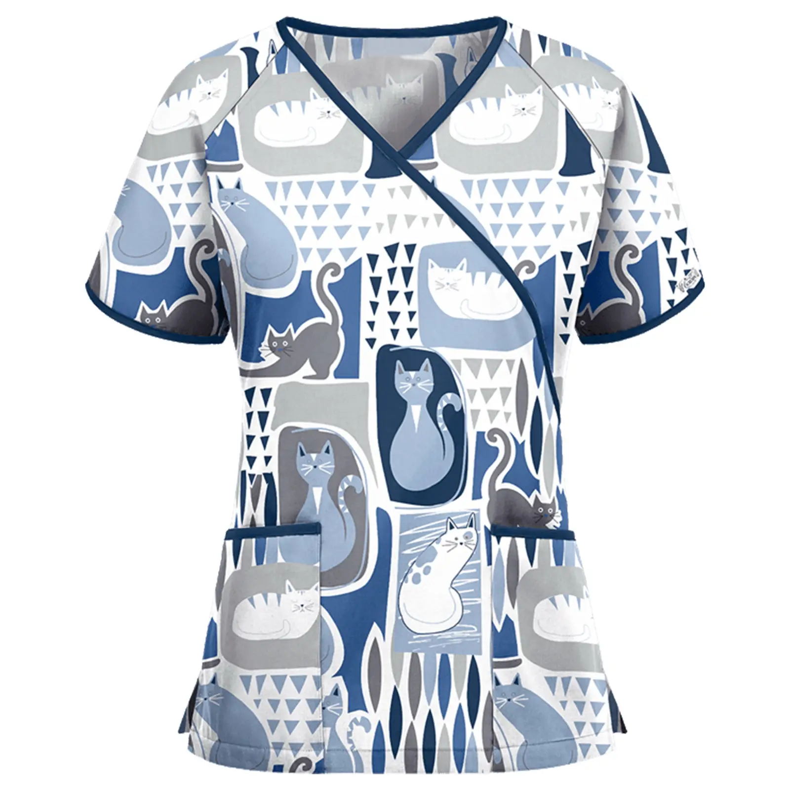 Women's 2021 Printed V-Neck T-Shirt Blue Cat Design - Image 10