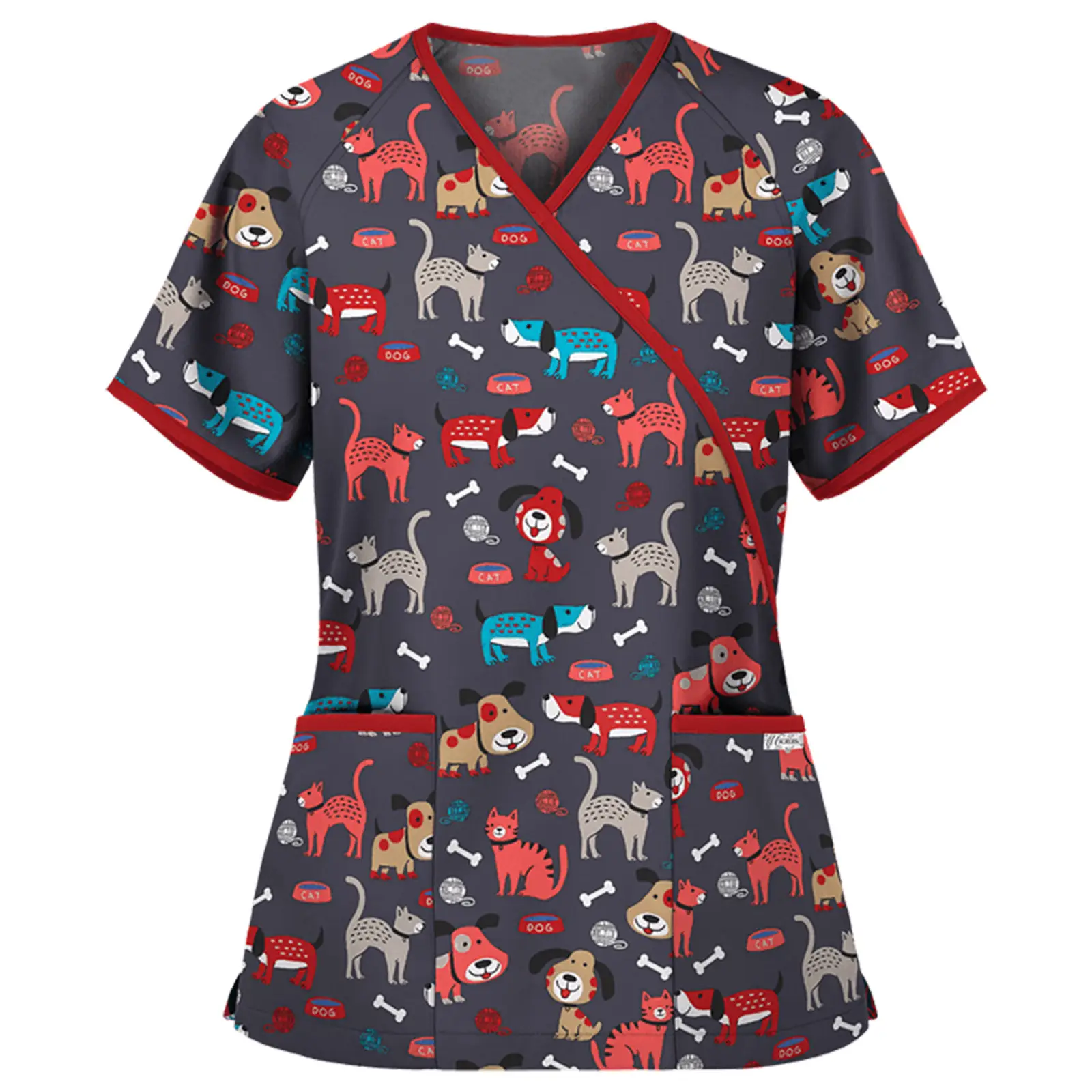 Women's 2021 Printed V-Neck T-Shirt Blue Cat Design - Image 3